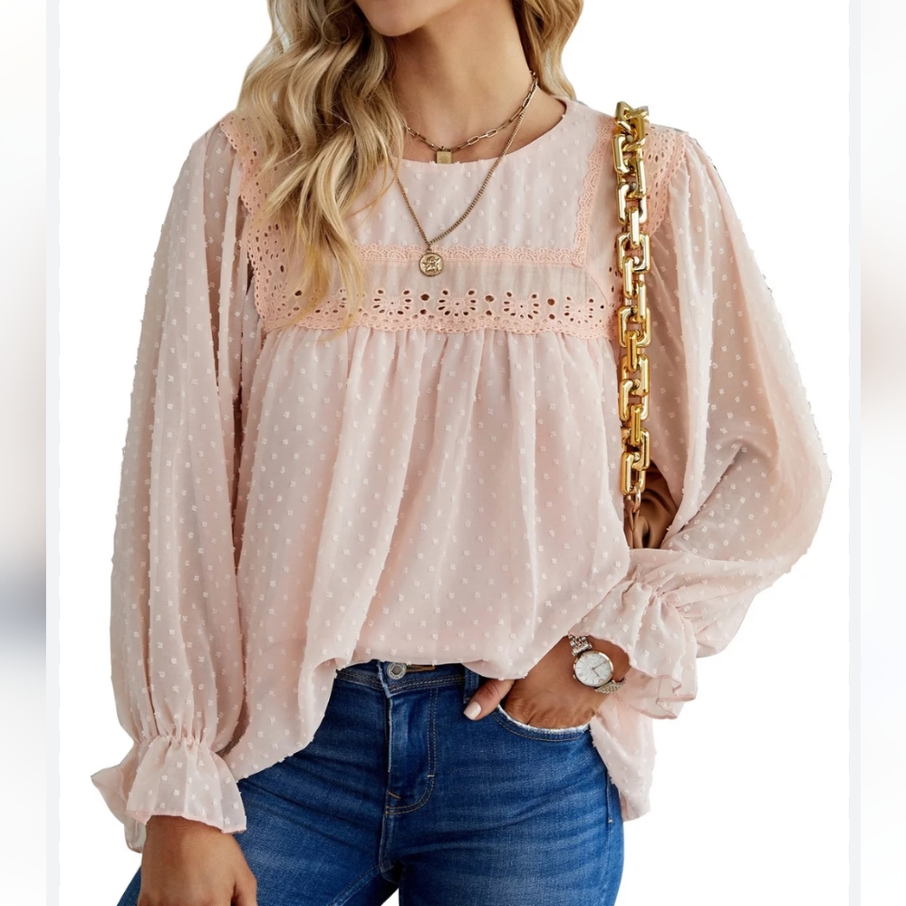 Swiss Dot Babydoll Blouse Women's S Pink Lace Ruffle Barbiecore 90s Y2K Vacation